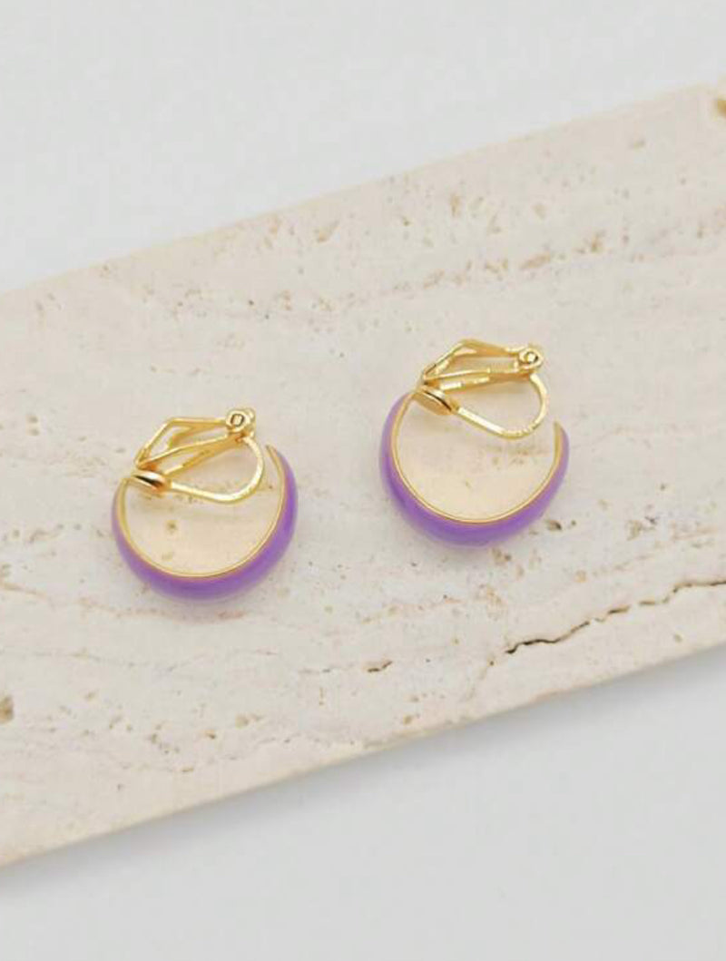 Clip on 3/4" small gold and purple wide hoop earrings