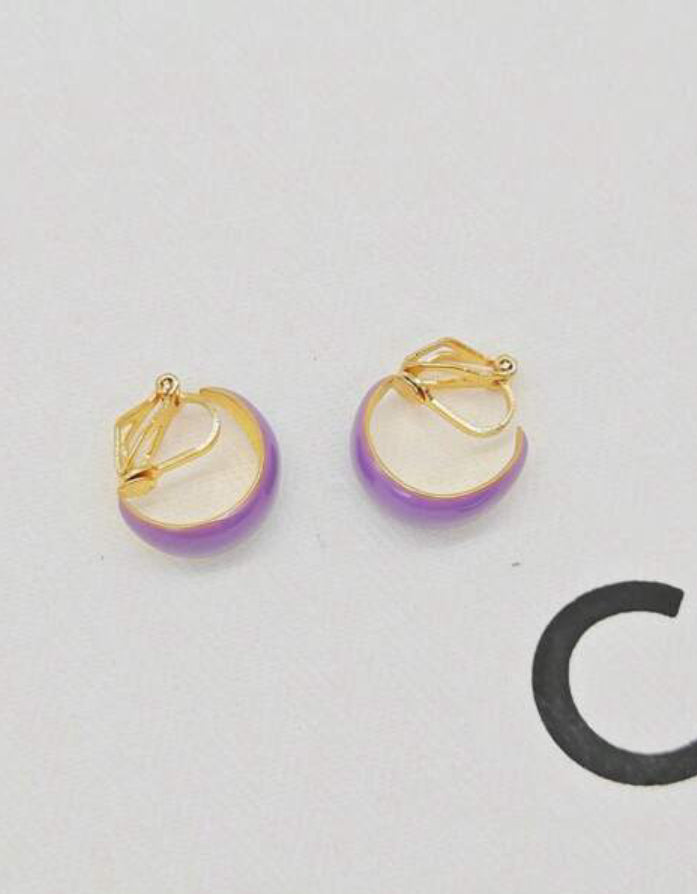 Clip on 3/4" small gold and purple wide hoop earrings