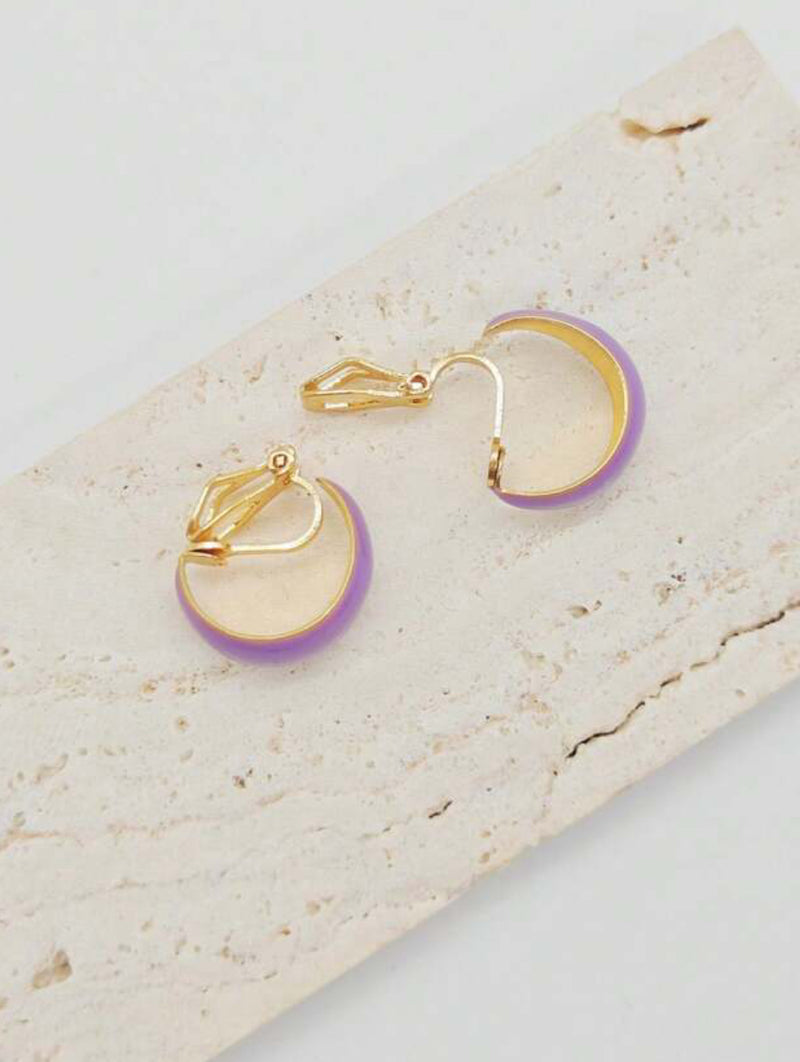 Clip on 3/4" small gold and purple wide hoop earrings