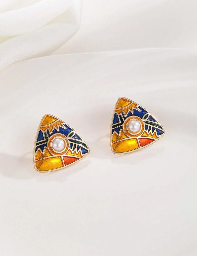 Clip on 1" gold, blue multi colored triangle earrings with center pearl