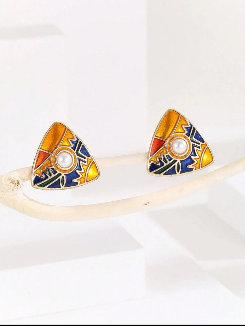 Clip on 1" gold, blue multi colored triangle earrings with center pearl