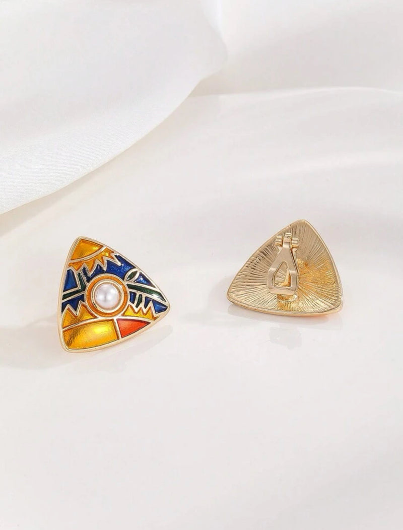 Clip on 1" gold, blue multi colored triangle earrings with center pearl