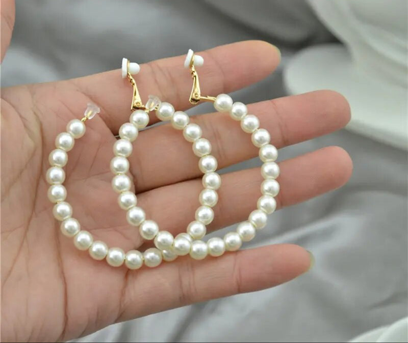 Classy 2 1/4" clip on gold and 5 cm white pearl hoop earrings