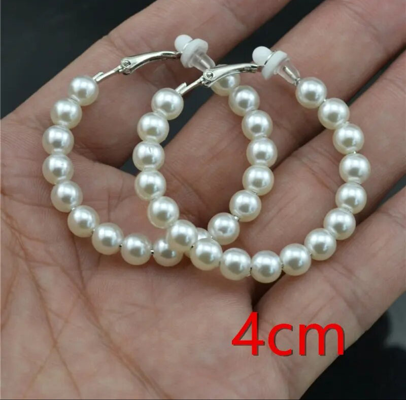 Clip on 1 3/4" medium silver and white pearl hoop earrings