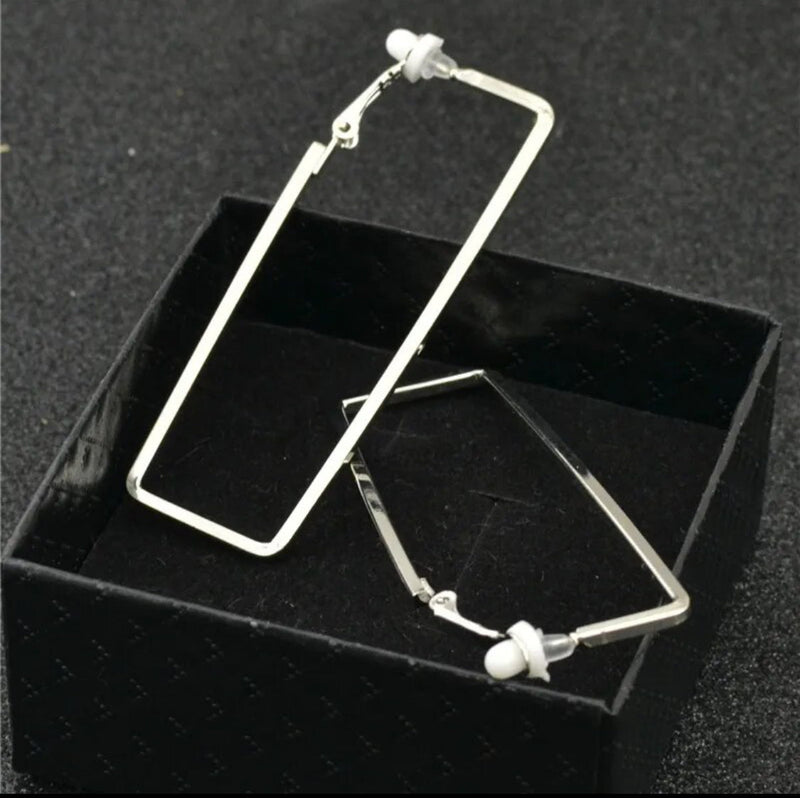 Clip on 3" long silver square earrings