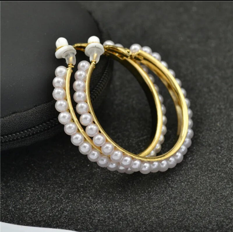 Classy 2 1/4" clip on gold and 5 cm white pearl hoop earrings