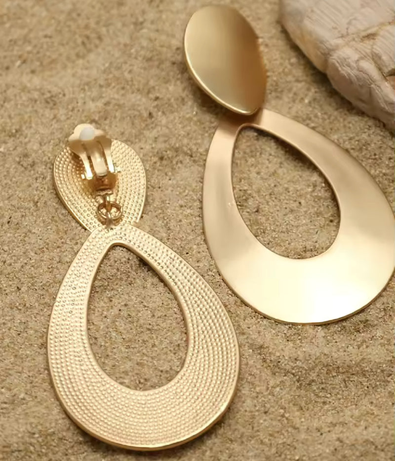 Trendy clip on 3 1/4" XL flat matte gold dangle hoop earrings