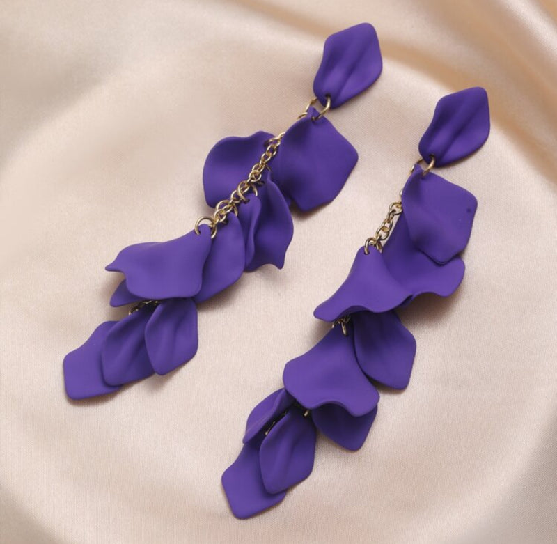 Pierced 5" Xlong gold chain purple flower petal dangle earrings