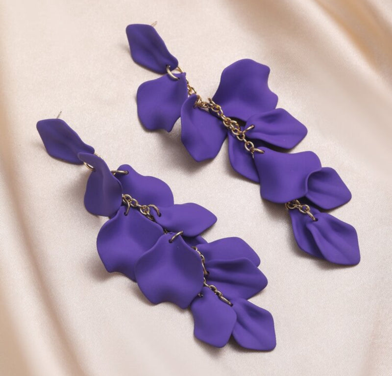 Pierced 5" Xlong gold chain purple flower petal dangle earrings