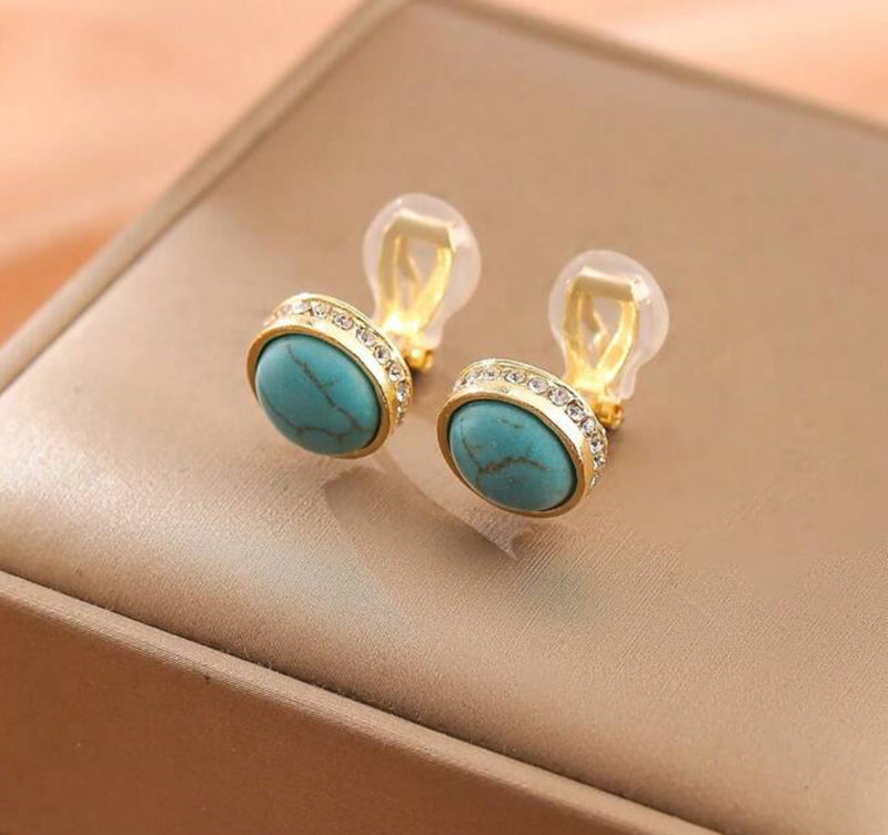 Clip on 3/4" small gold, turquoise, and clear stone button style earrings