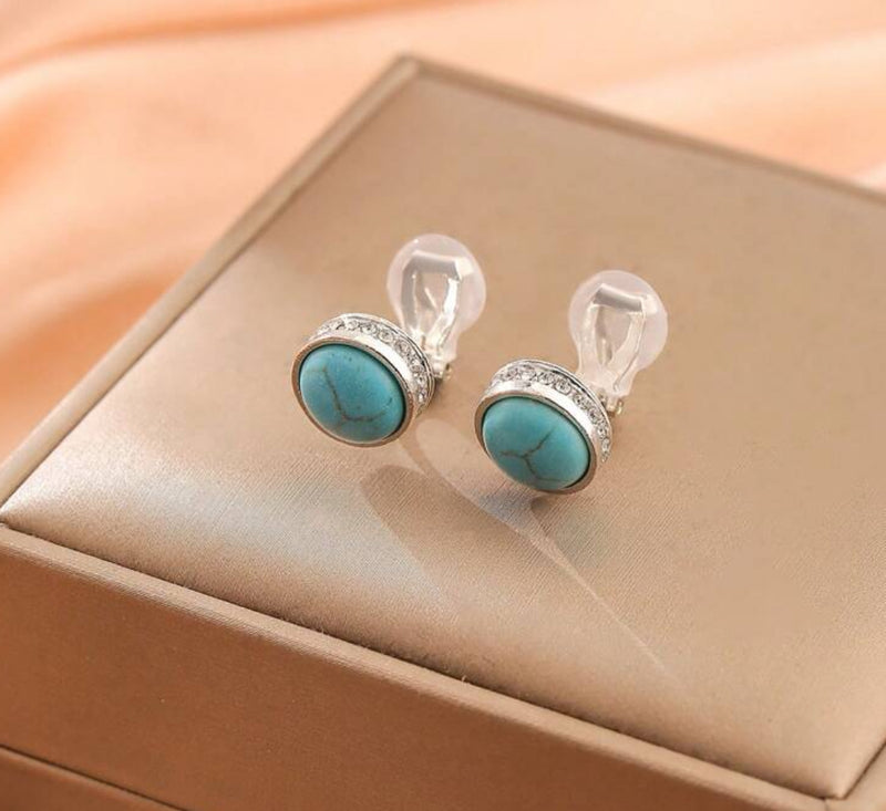 Clip on 3/4" small silver, turquoise, and clear stone button style earrings