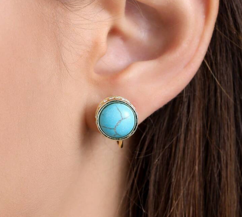 Clip on 3/4" small gold, turquoise, and clear stone button style earrings