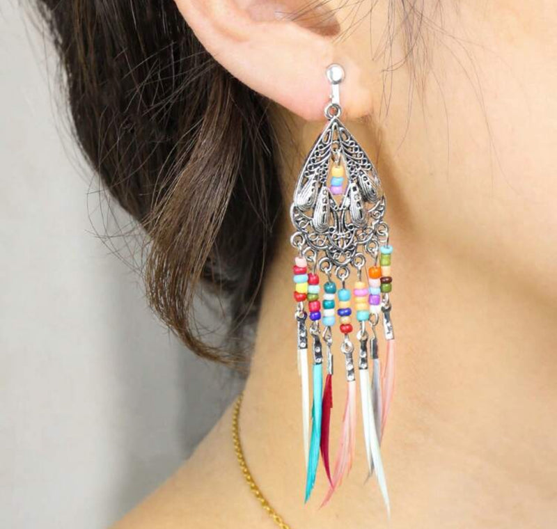 Clip on 3 1/2" silver multi colored dangle feather and seed bead earrings