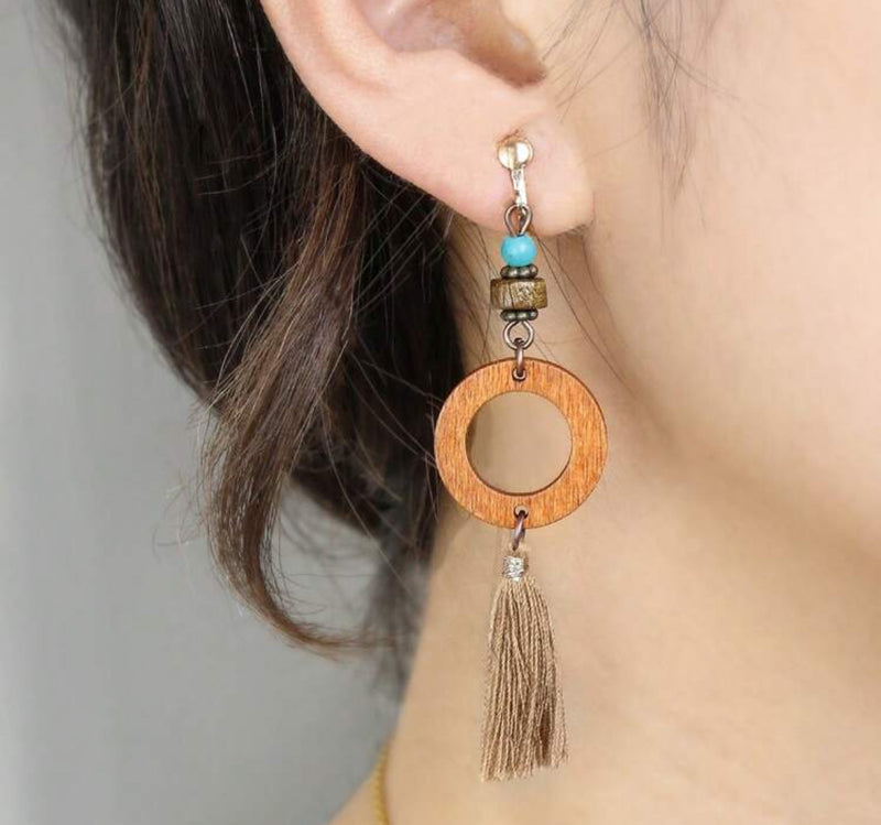 Clip on 3" gold, brass, wood turquoise bead dangle thread earrings