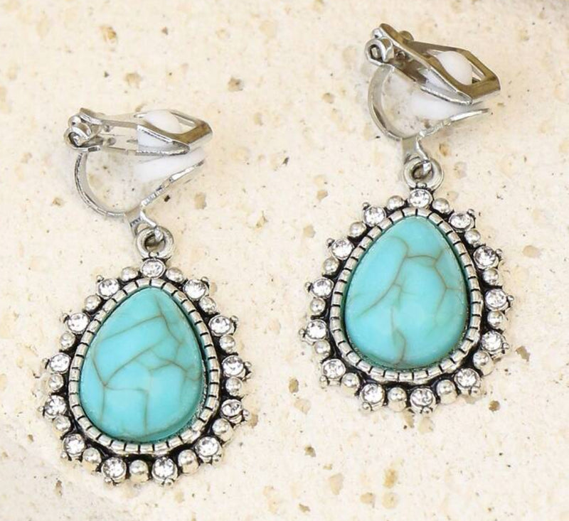 Clip on 1 1/4" silver and turquoise teardrop earring with clear stones