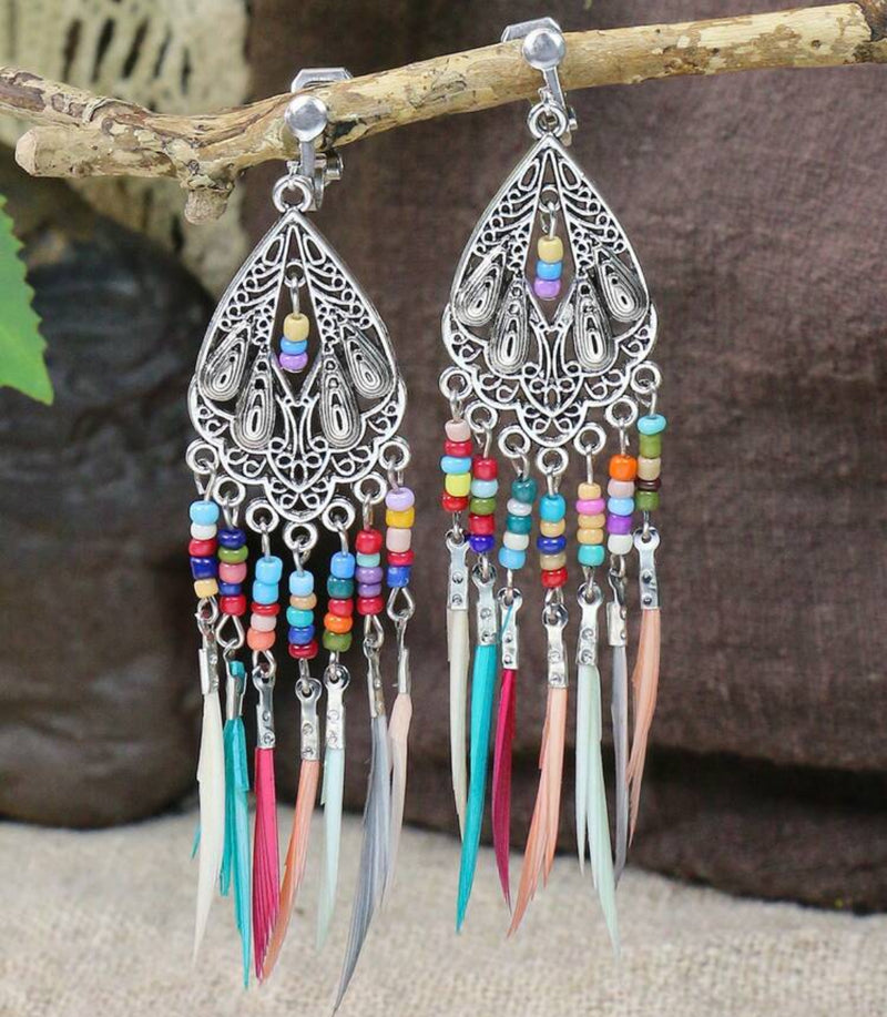 Clip on 3 1/2" silver multi colored dangle feather and seed bead earrings