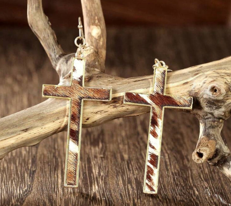 Pierced 3" gold, white and brown hairy cross dangle earrings