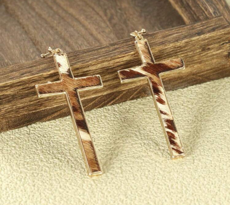 Pierced 3" gold, white and brown hairy cross dangle earrings