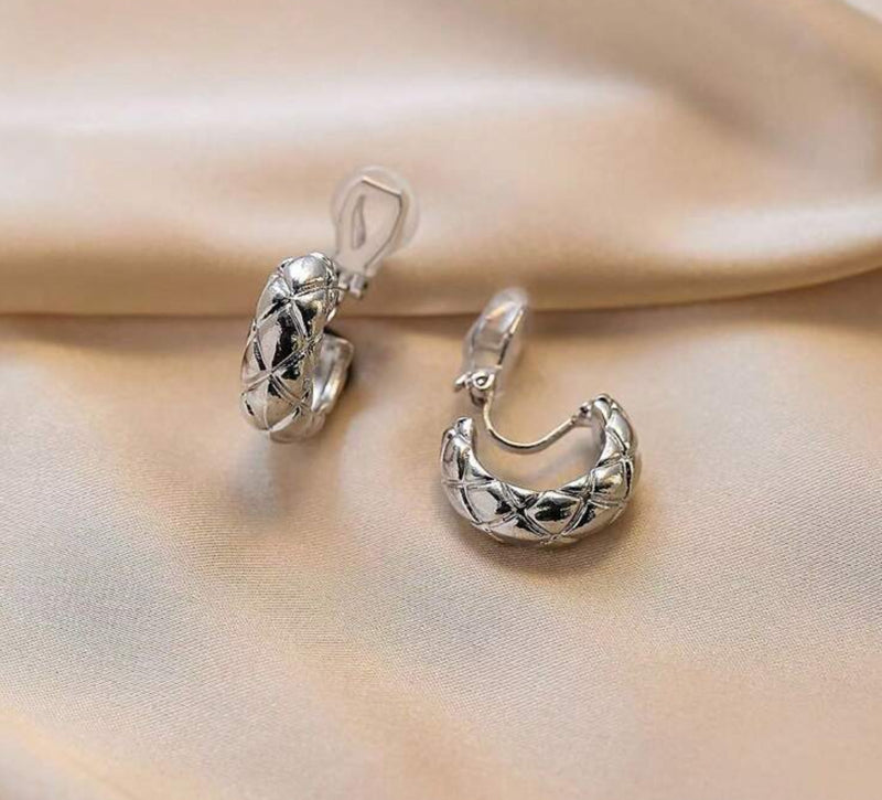 Clip on 3/4" small silver cutout pattern open back hoop earrings