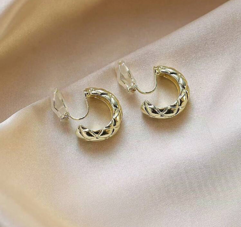 Clip on 3/4" small gold cutout pattern open back hoop earrings