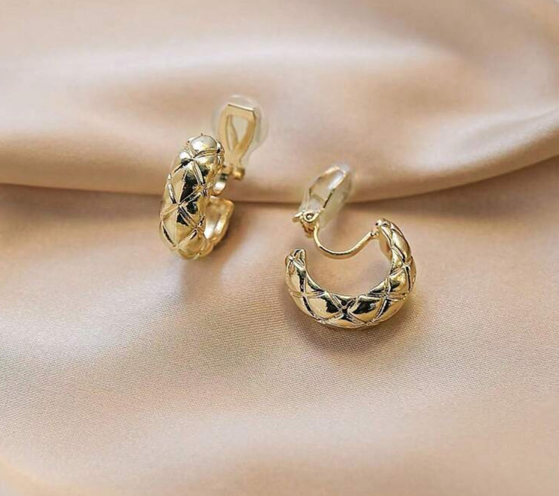 Clip on 3/4" small gold cutout pattern open back hoop earrings