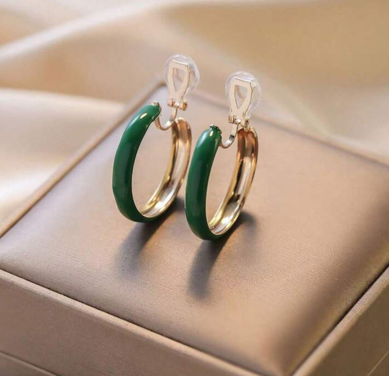 Clip on 1 1/4" gold and green lightweight open back hoop earrings