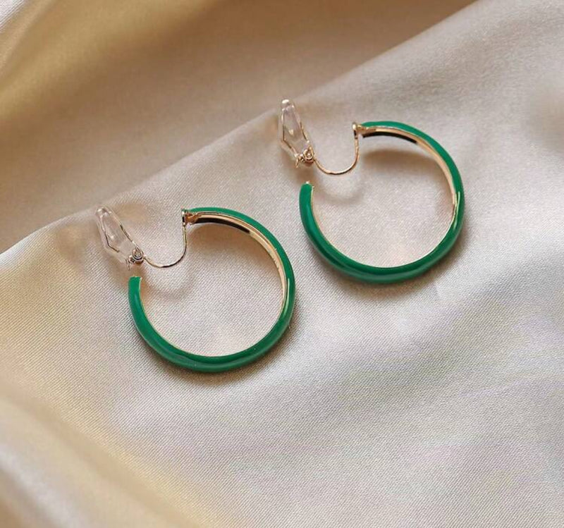 Clip on 1 1/4" gold and green lightweight open back hoop earrings