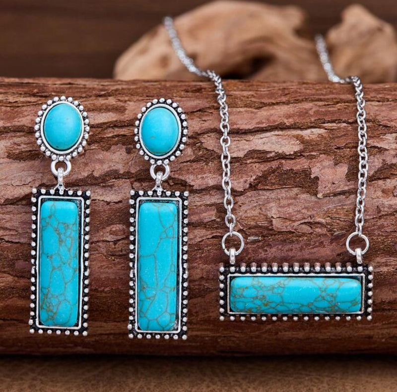 Pierced silver and turquoise stone long square necklace and earring set