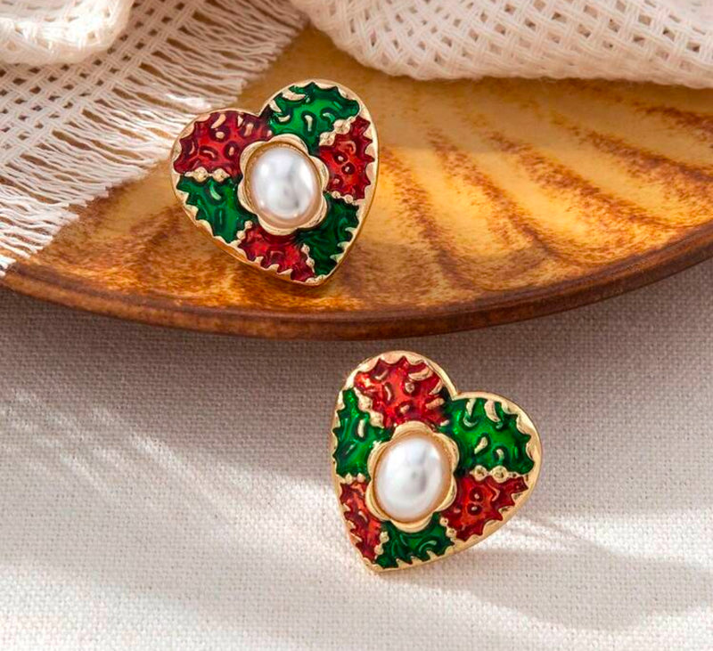 Clip on 1" gold, green, red textured heart earrings with center pearl