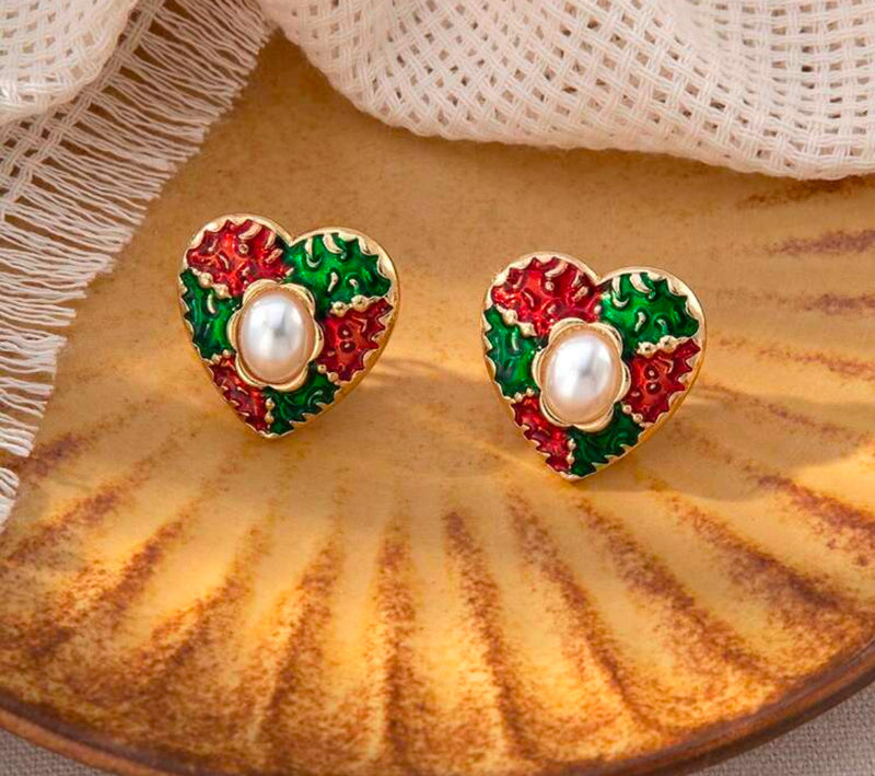 Clip on 1" gold, green, red textured heart earrings with center pearl