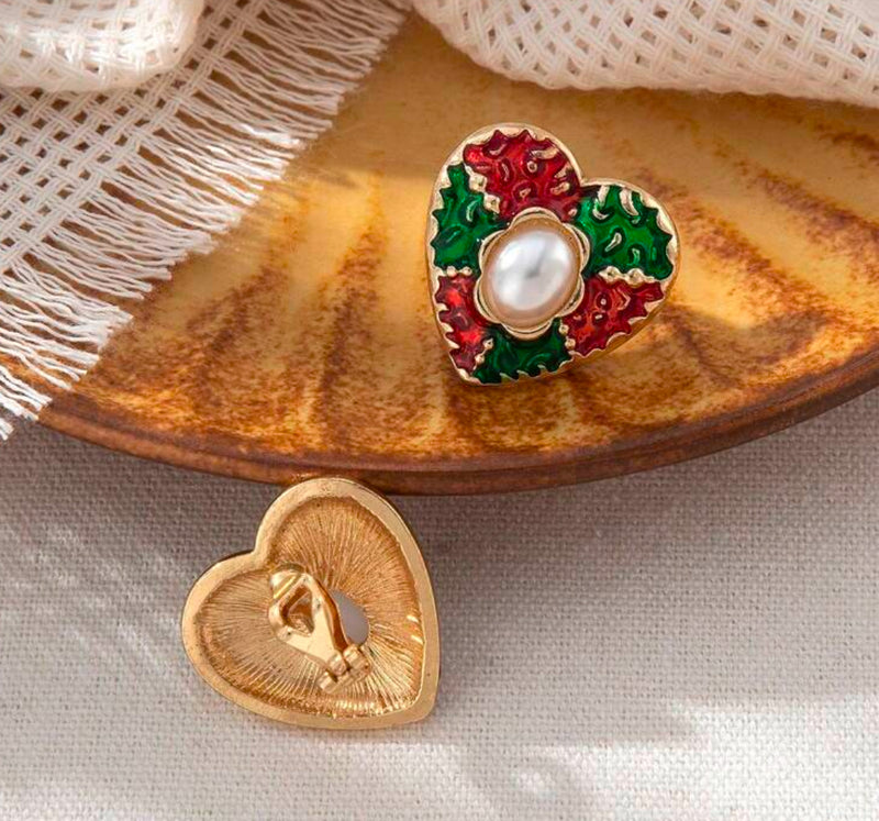 Clip on 1" gold, green, red textured heart earrings with center pearl