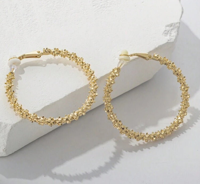 Vintage 2" clip on gold textured hoop earrings