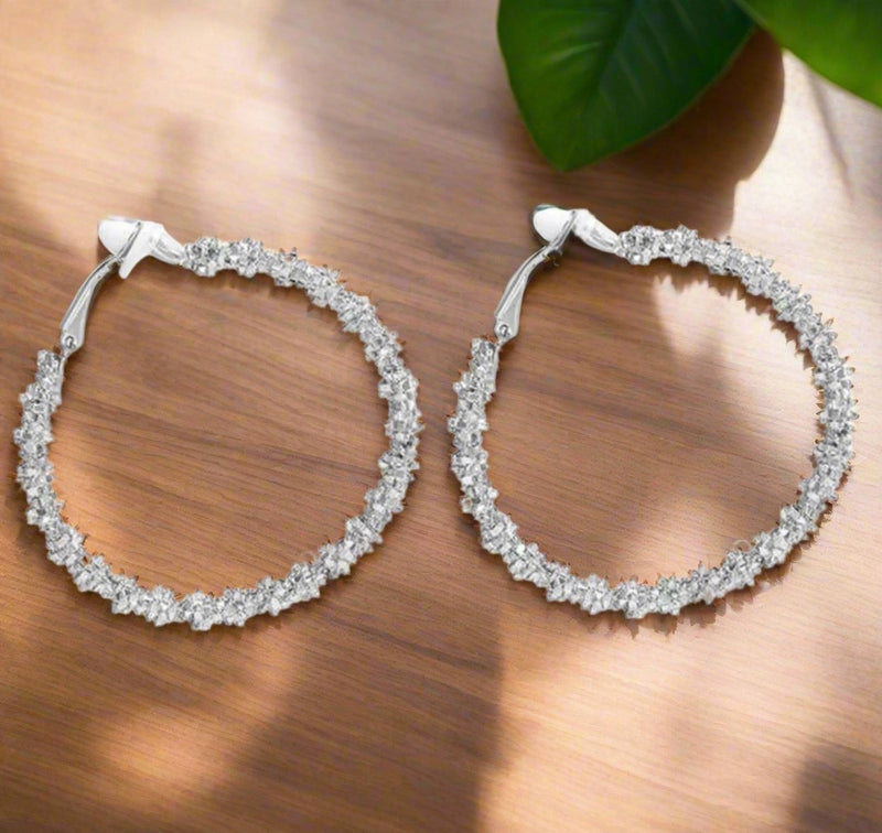 Vintage 2" clip on silver textured hoop earrings