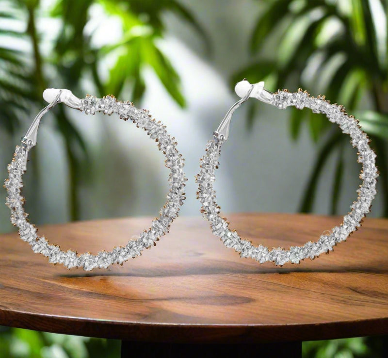 Vintage 2" clip on silver textured hoop earrings