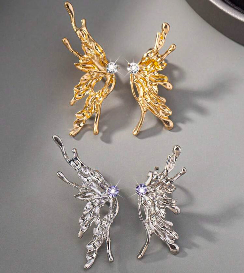 Elegant clip on 2" gold and clear stone butterfly earrings