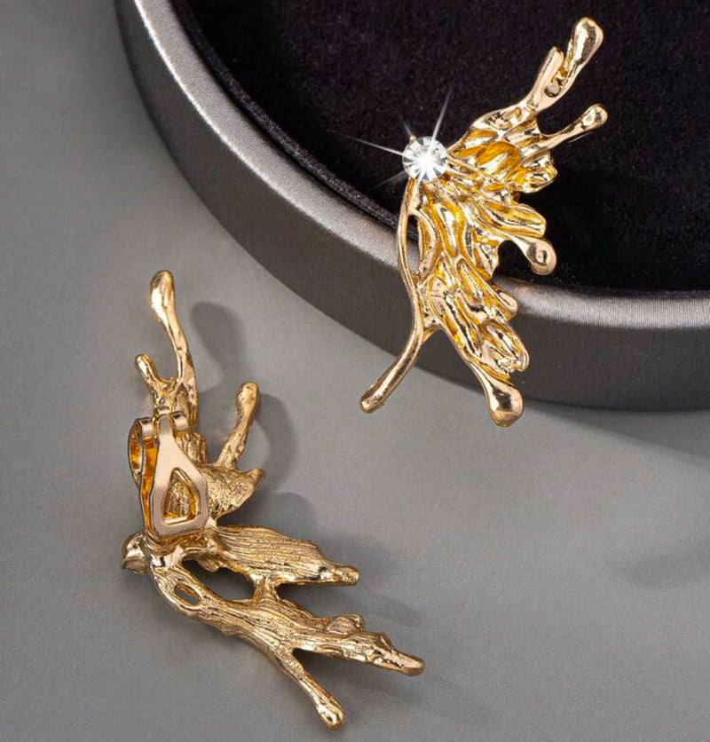 Elegant clip on 2" gold and clear stone butterfly earrings