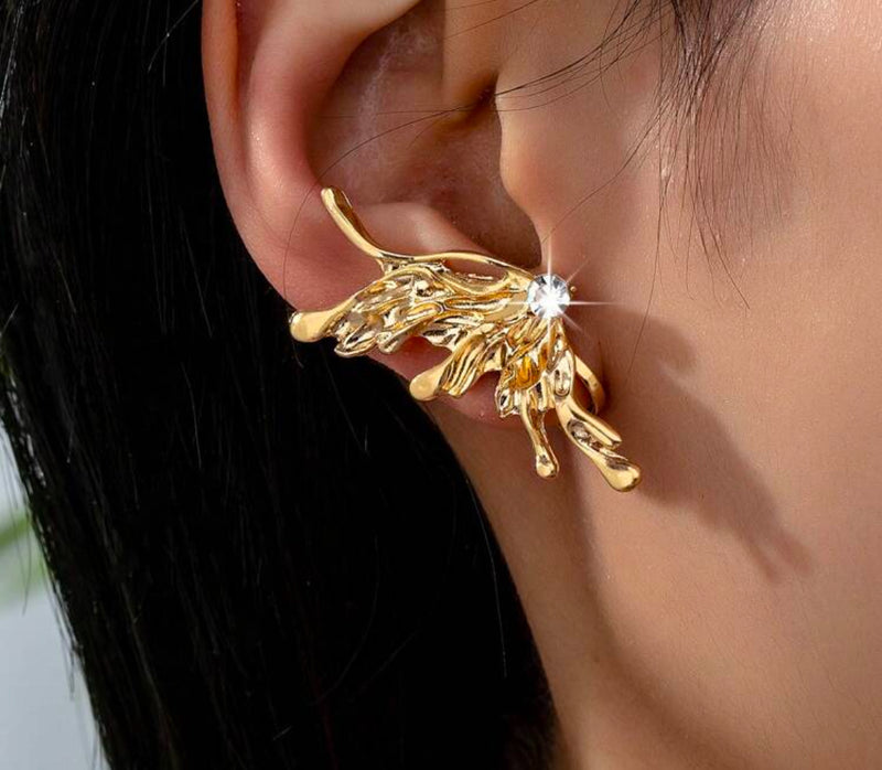 Elegant clip on 2" gold and clear stone butterfly earrings