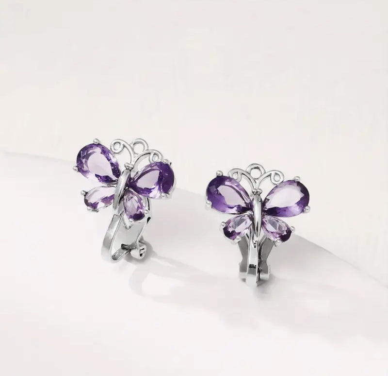 Clip on 3/4" small silver and purple stone butterfly button style earrings