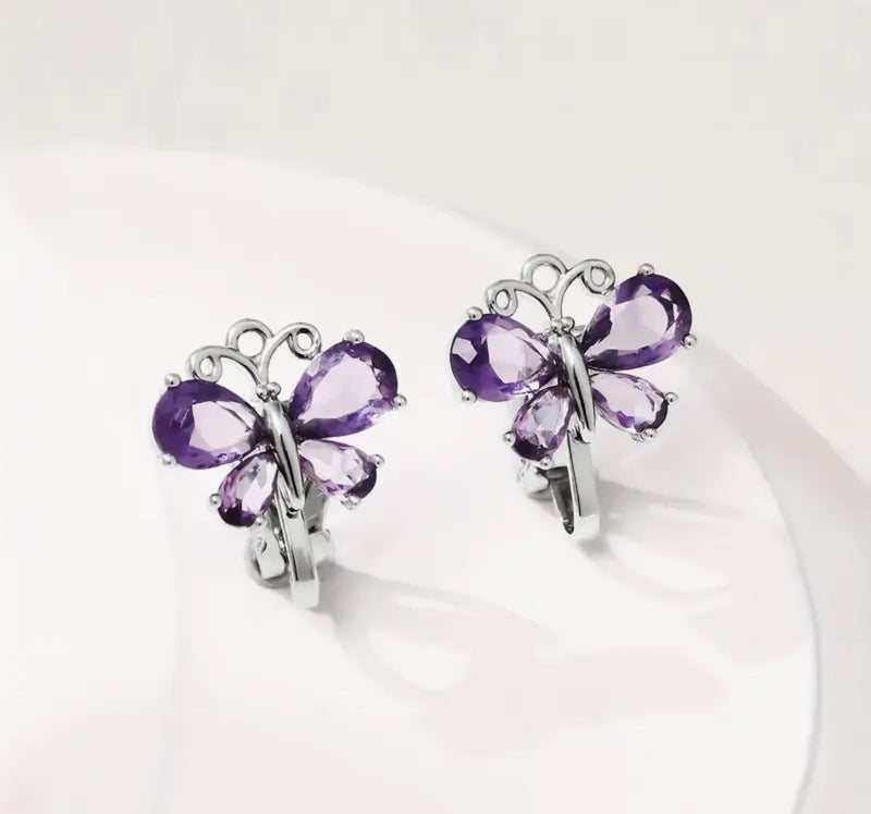 Clip on 3/4" small silver and purple stone butterfly button style earrings