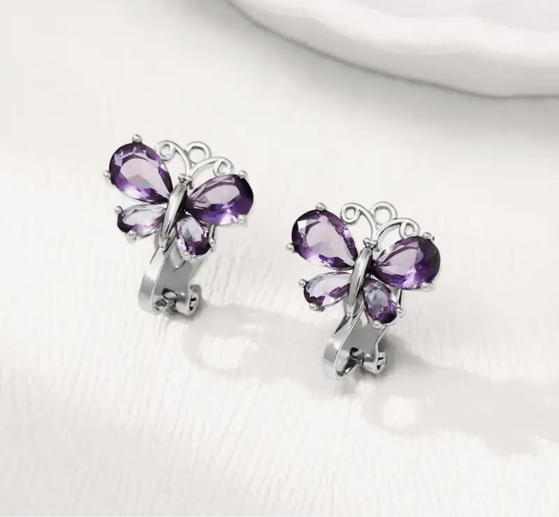 Clip on 3/4" small silver and purple stone butterfly button style earrings