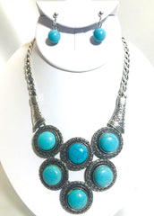 Pierced silver chain square turquoise stone necklace & earring set