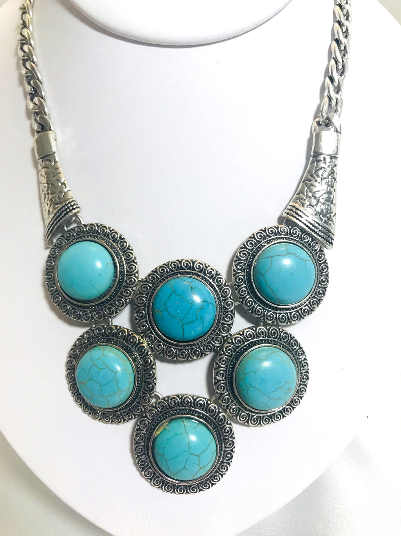 Clip on silver and turquoise round stone necklace and earring set