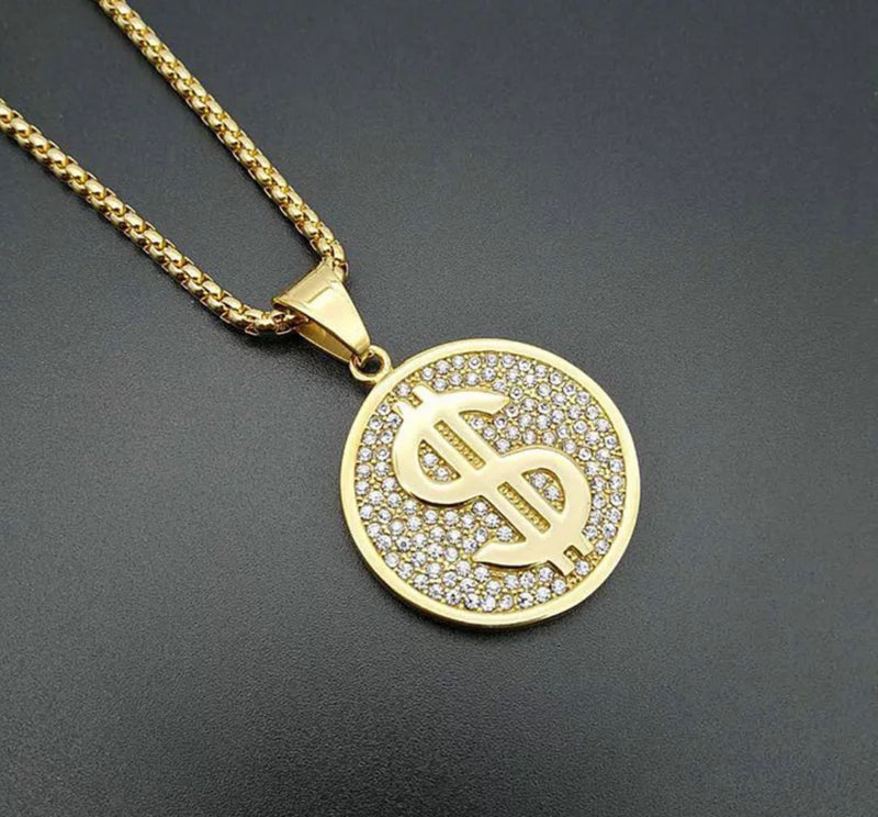Stainless Steel Gold round Dollar Sign 26" chain necklace with clear stones