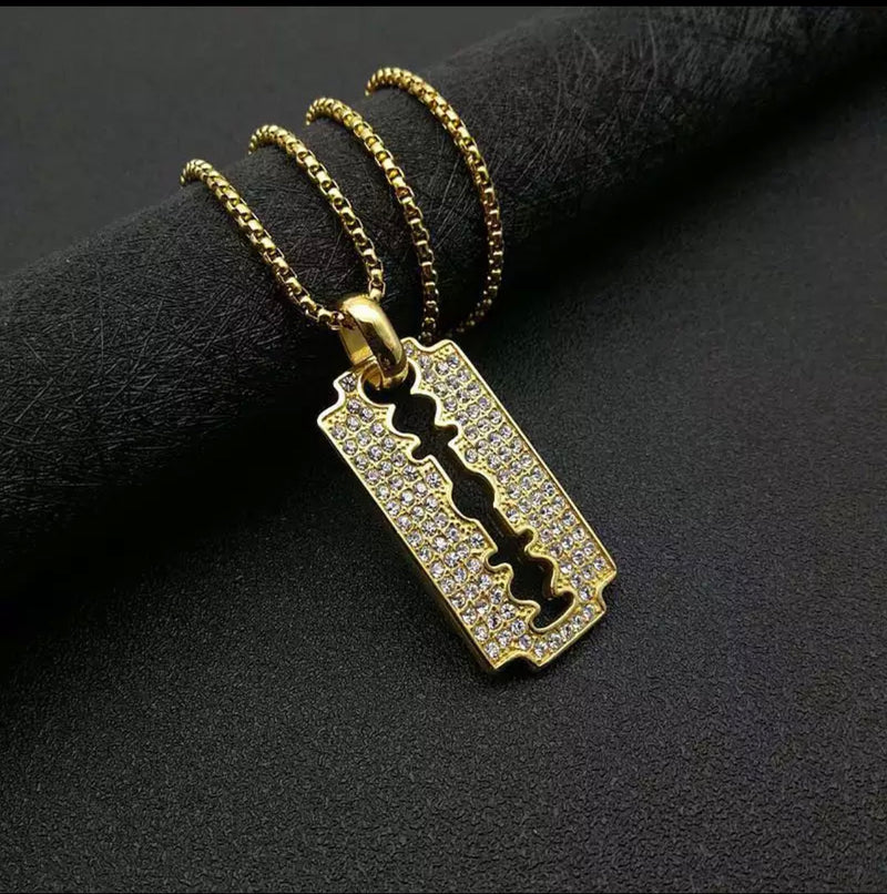 Stainless Steel Gold Razor Blade 24" chain necklace with clear stones