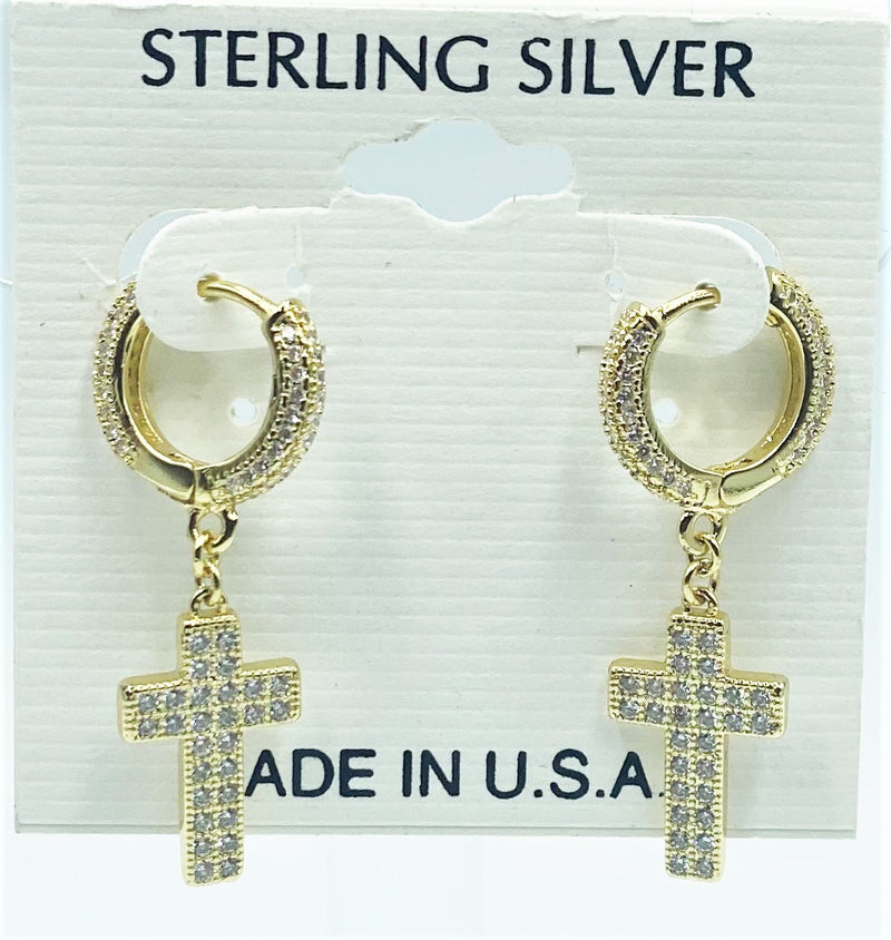 Sterling Silver 2" pierced gold and clear stone hoop earrings with dangle cross