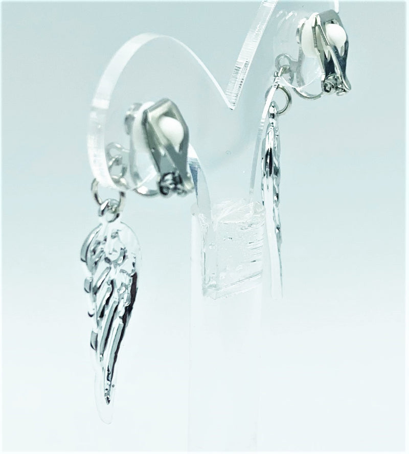 Clip on 1 3/4" silver cutout dangle wing earrings