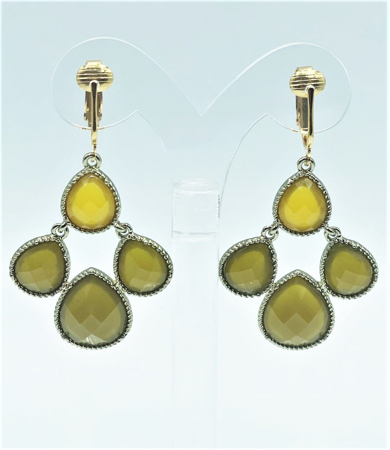 Clip on 2 1/2" four light and dark yellow stone dangle earrings