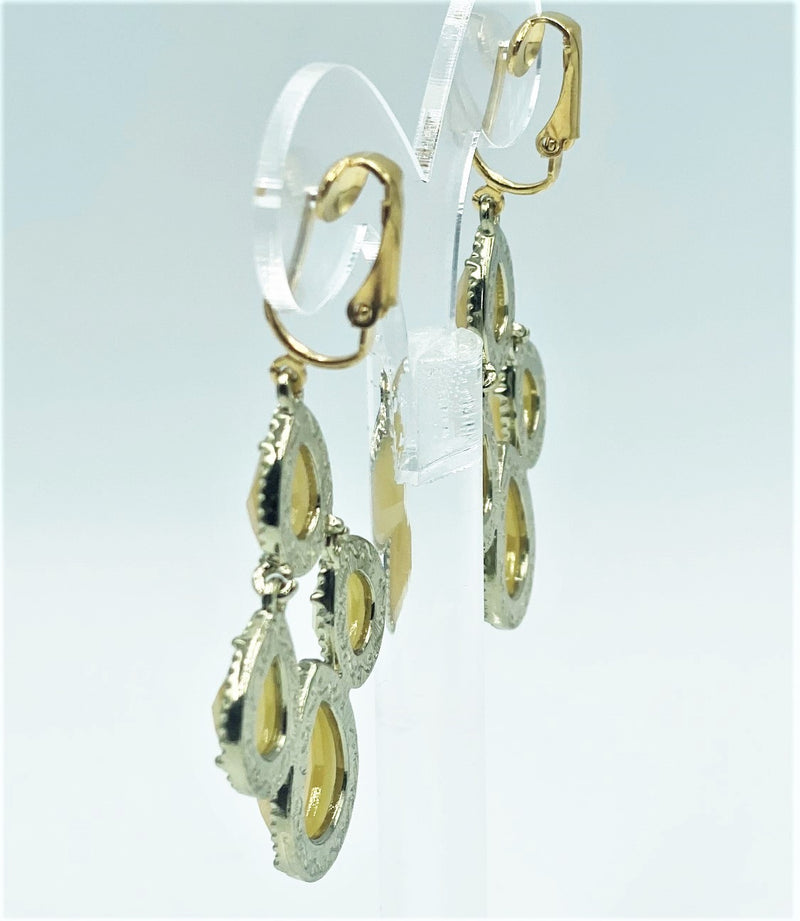 Trendy clip on 2 1/2" four yellow stone dangle earrings