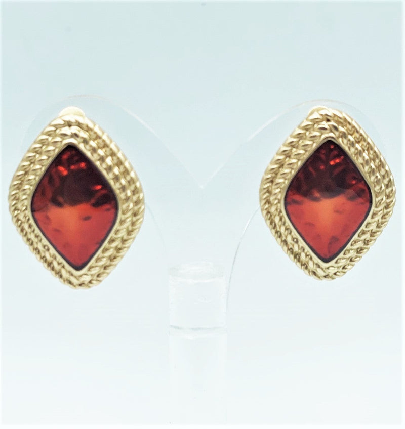 Unique 1 1/4" clip on matte gold and red button style earrings
