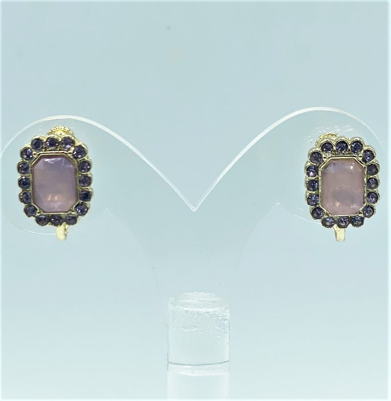 Trendy 1/2" small clip on gold and purple stone square earrings